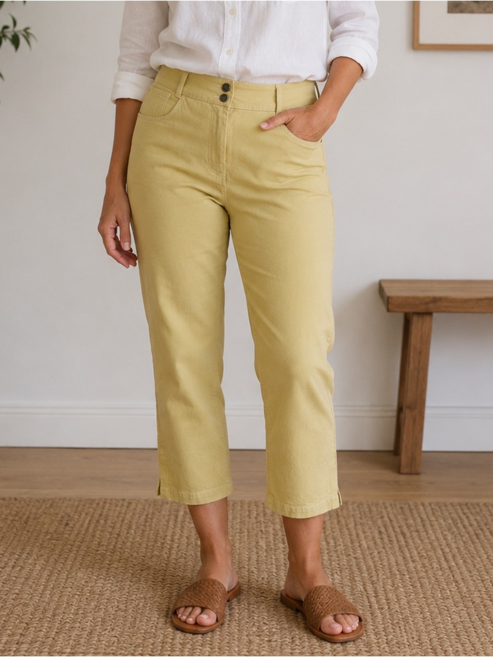 Anthropologie Sitwell Yellow Wide Leg Cropped Pants Ankle Zip Size 10 Minimalist